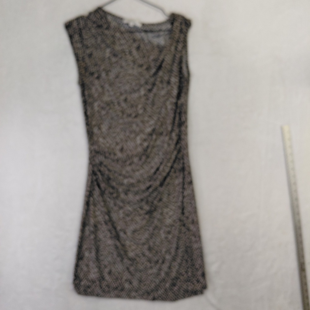 M.I.K.O. Womens Small Black Tan Animal Dot Print Ruched Cowl Neck Sheath Dress